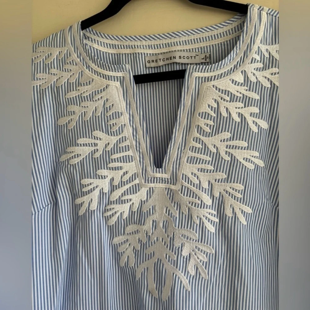 Gretchen Scott Embroidered Pinstripe Tunic The Reef Blue and White Size Large - Picture 5 of 10